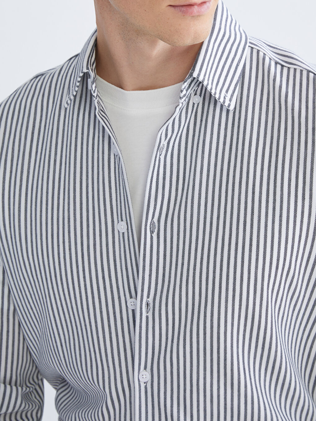 Lacivert Slim Fit Uzun Kollu Çizgili Erkek Gömlek-2