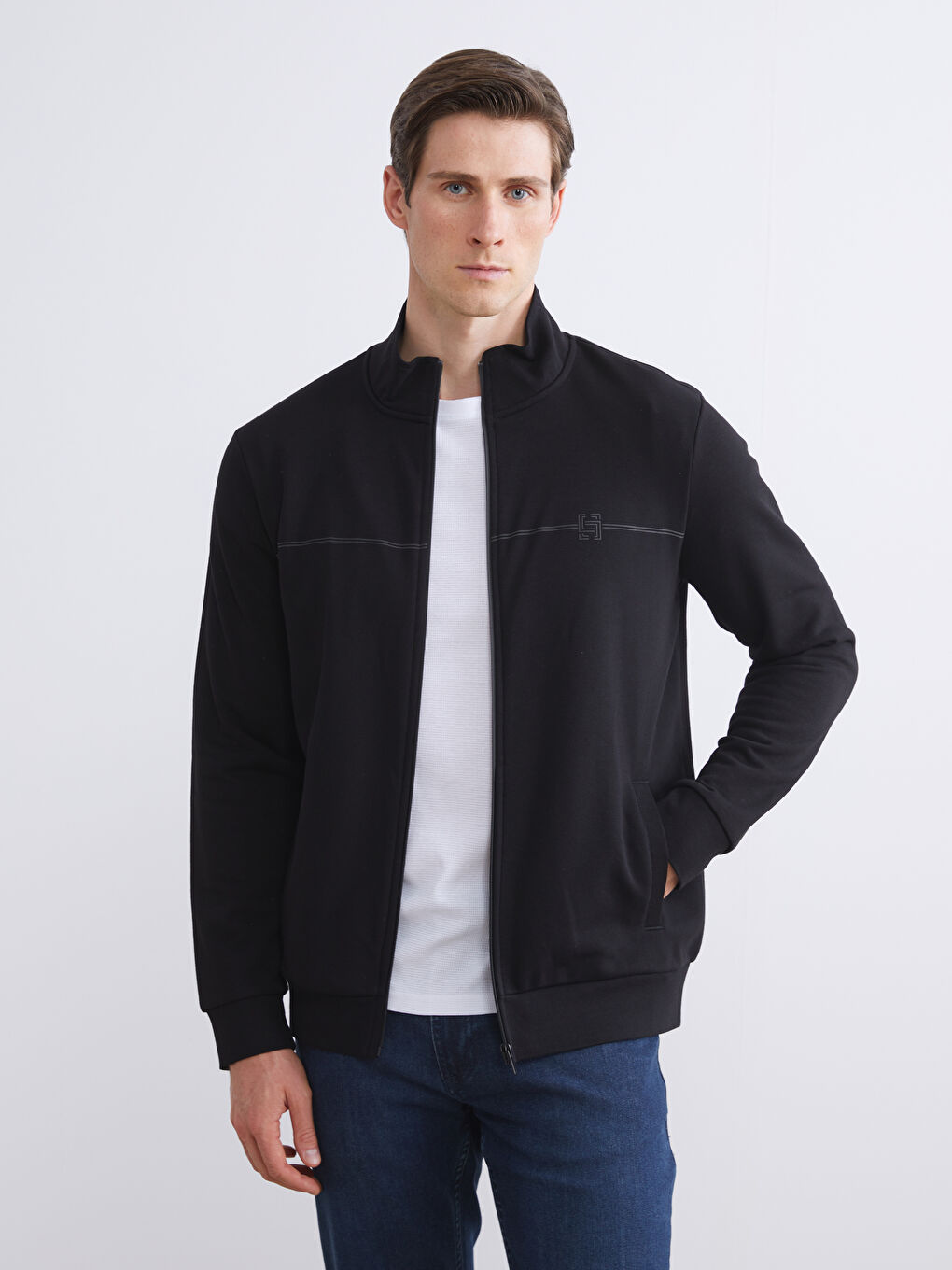 Funnel Neck Long Sleeve Men's Zip-Up Sweatshirt-1
