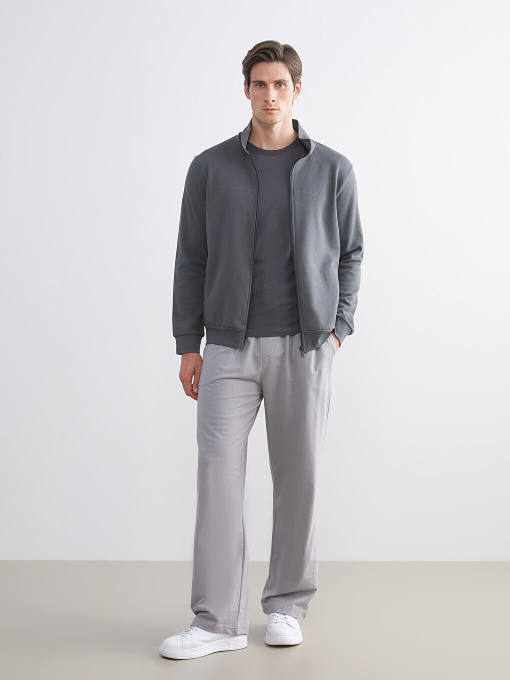 Antrasit Dik Yaka Uzun Kollu Erkek Fermuarlı Sweatshirt-3