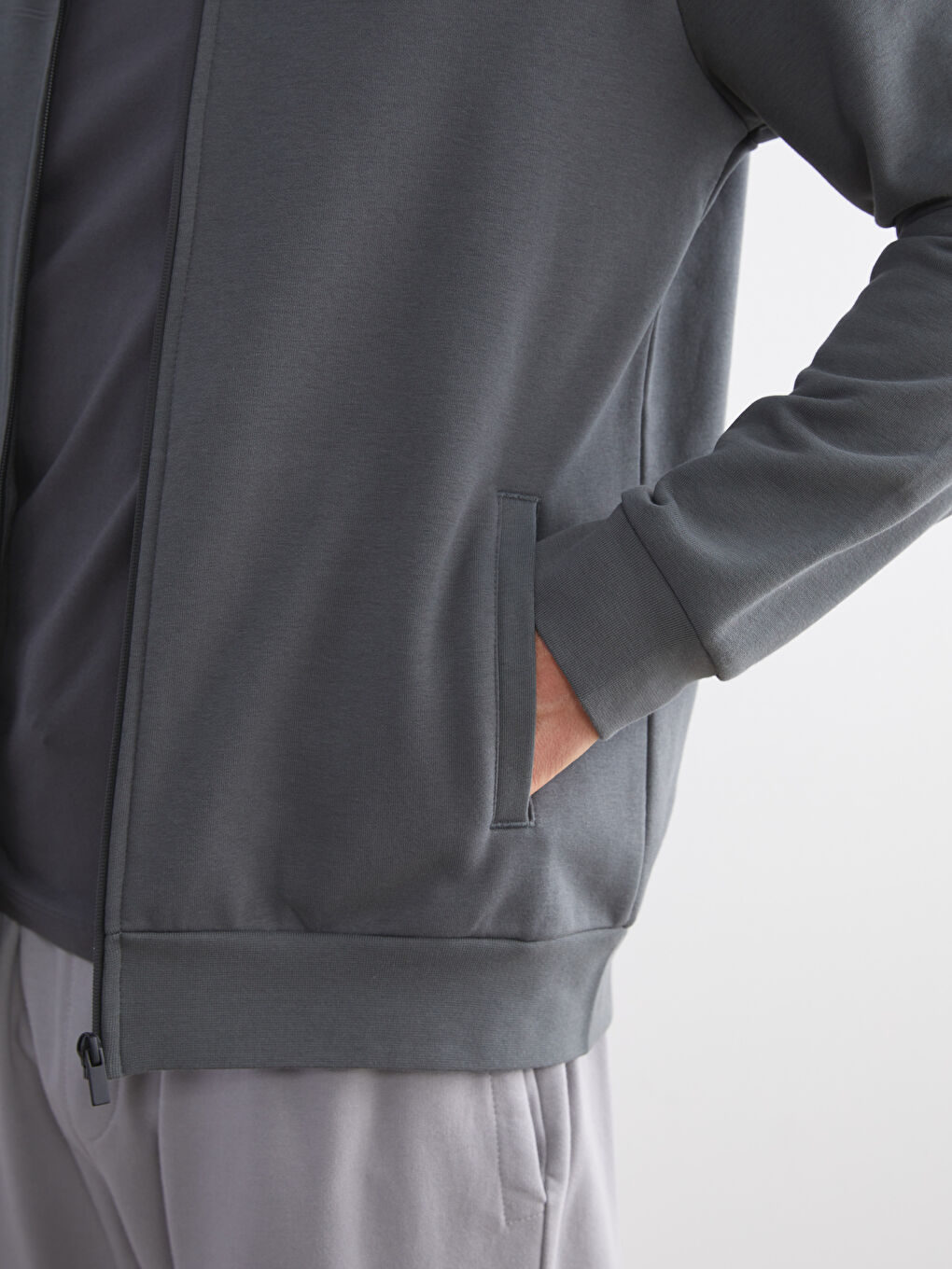 Antrasit Dik Yaka Uzun Kollu Erkek Fermuarlı Sweatshirt-5