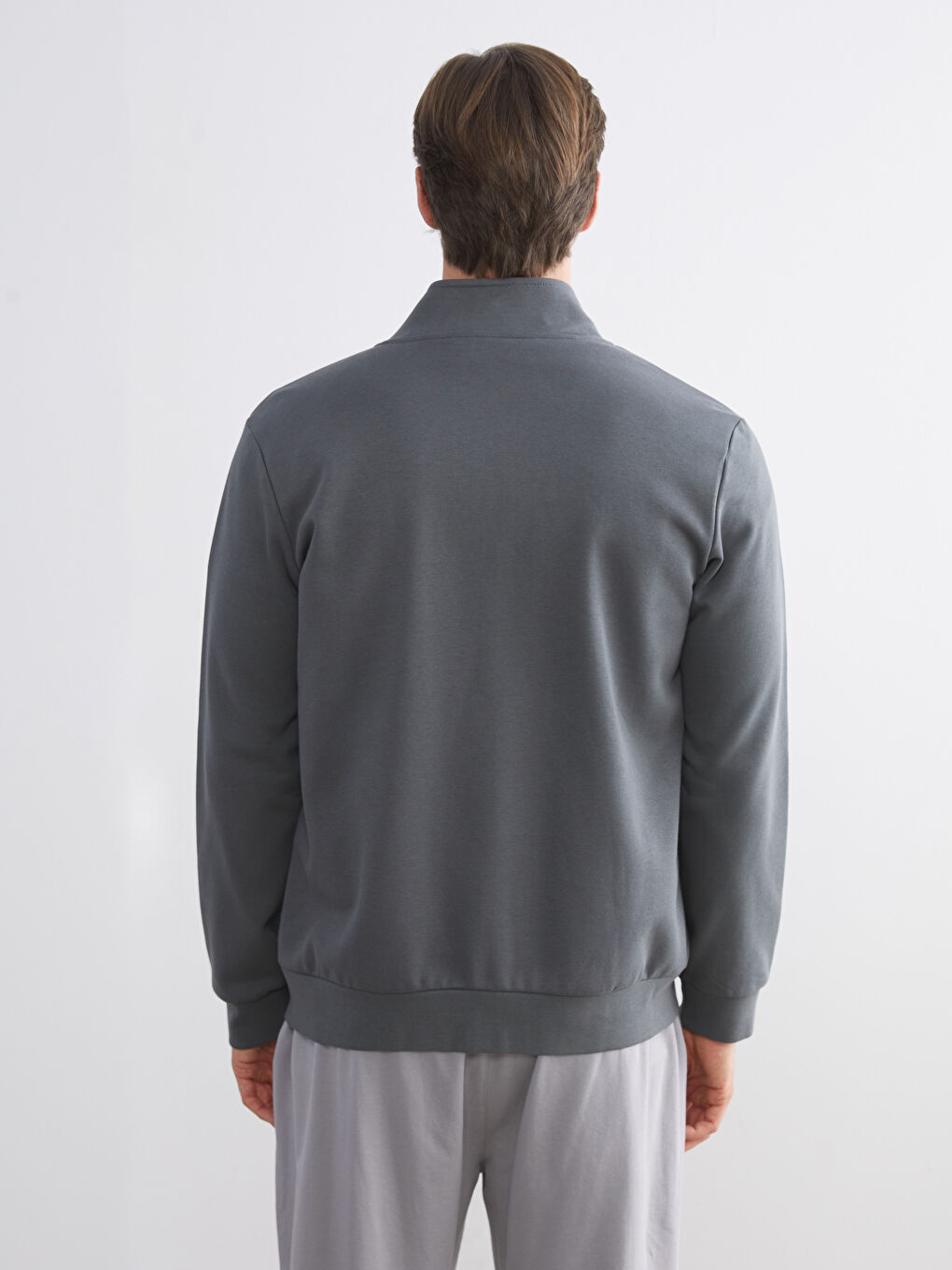 Antrasit Dik Yaka Uzun Kollu Erkek Fermuarlı Sweatshirt-7