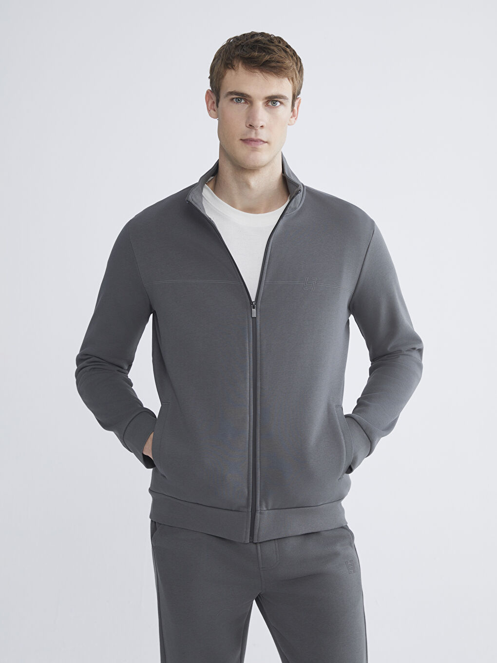 Antrasit Dik Yaka Uzun Kollu Erkek Fermuarlı Sweatshirt-1