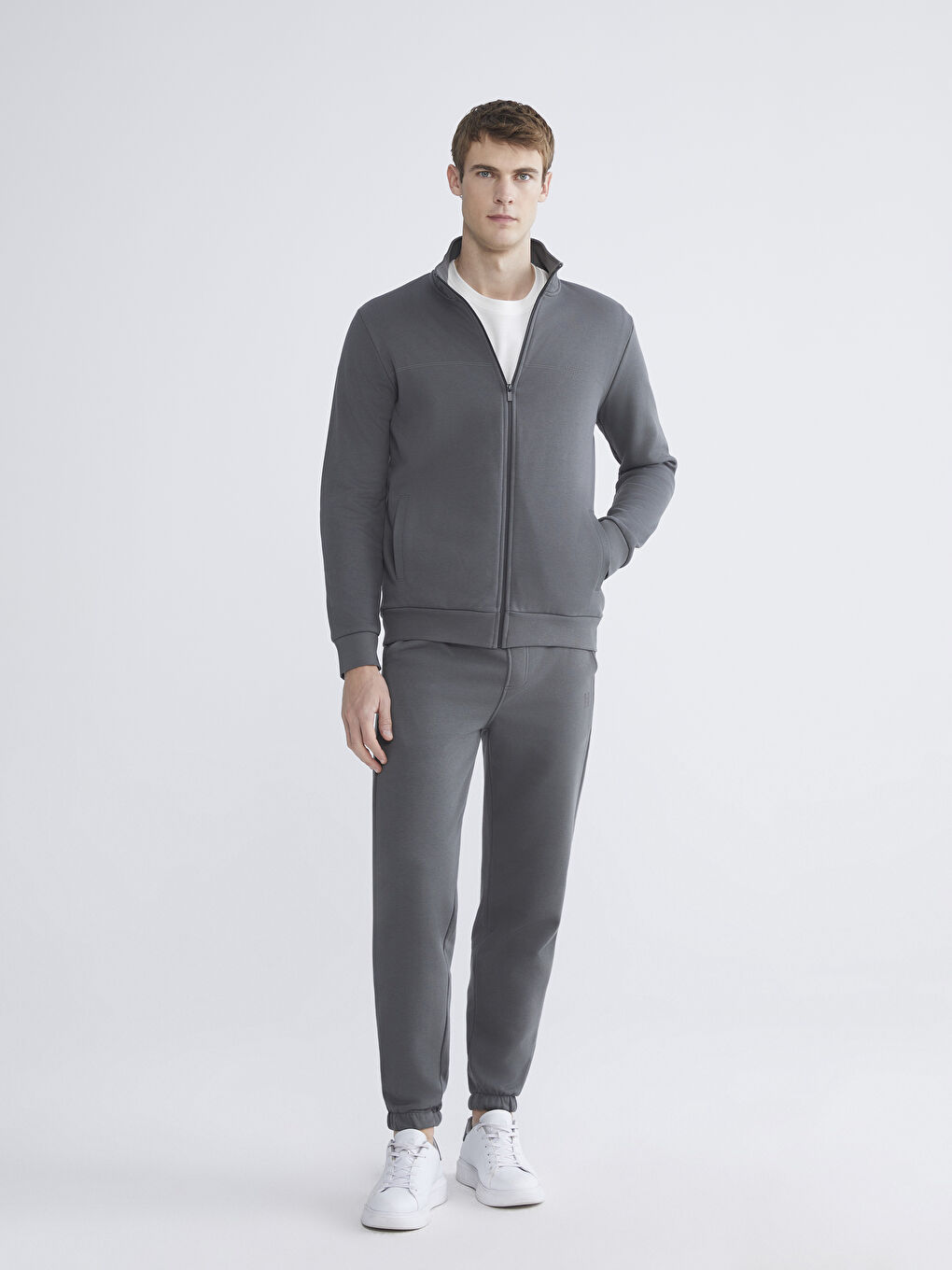 Antrasit Dik Yaka Uzun Kollu Erkek Fermuarlı Sweatshirt-2