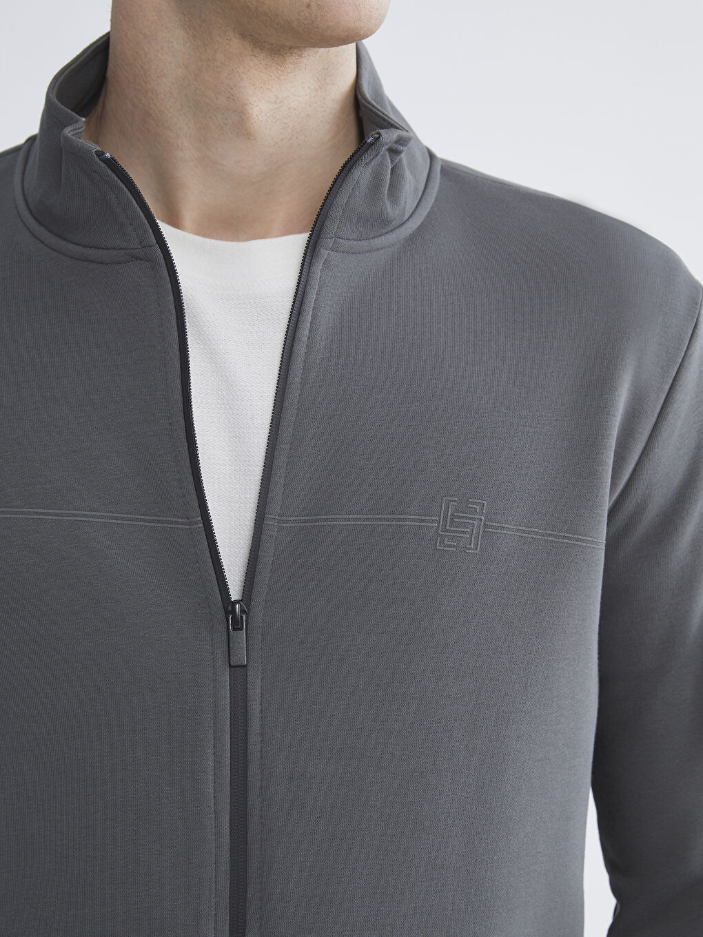 Antrasit Dik Yaka Uzun Kollu Erkek Fermuarlı Sweatshirt-4