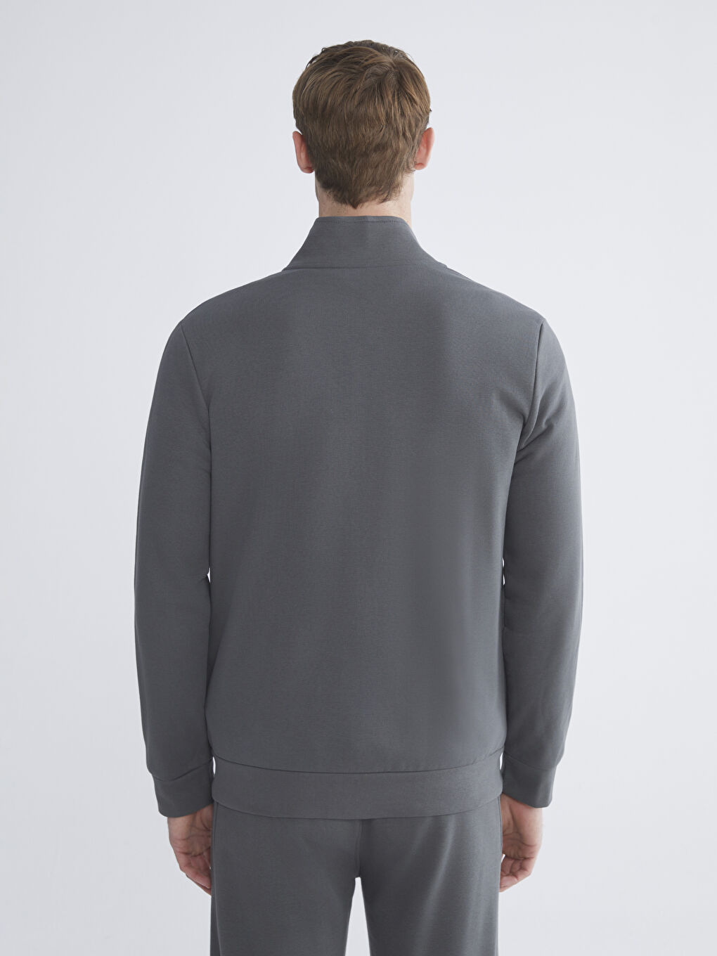 Antrasit Dik Yaka Uzun Kollu Erkek Fermuarlı Sweatshirt-6