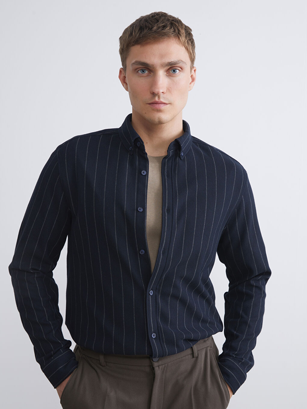 LCW Vision Slim Fit Long Sleeve Striped Men's Shirt -W54506Z8-LGS