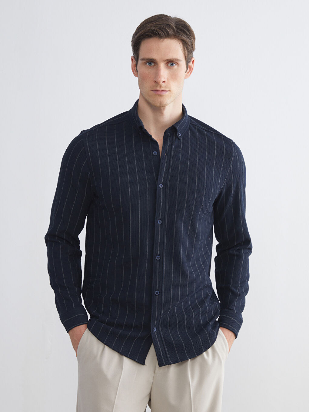 LCW Vision Slim Fit Long Sleeve Striped Men's Shirt -W54506Z8-LGS