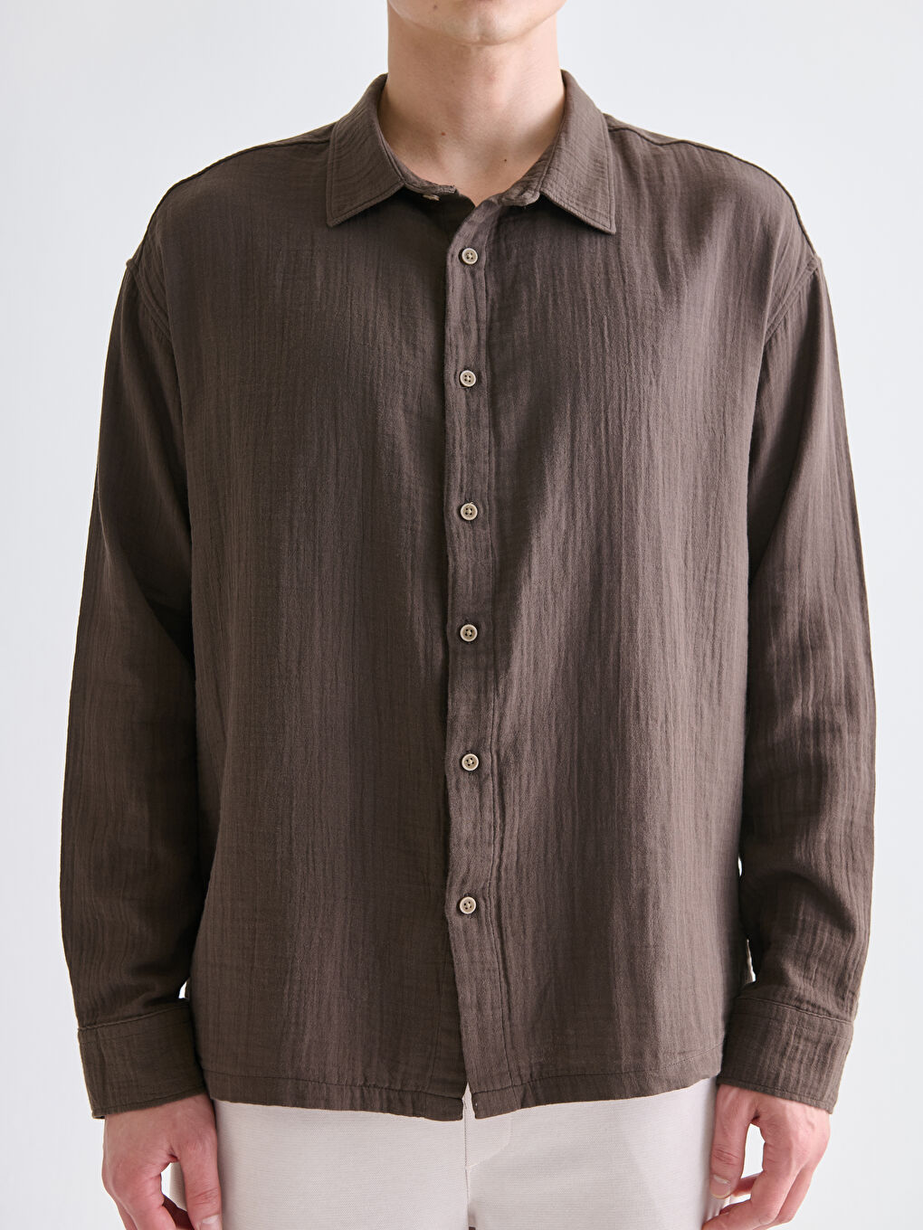 Kahverengi Rahat Kalıp Uzun Kollu Erkek Gömlek-2