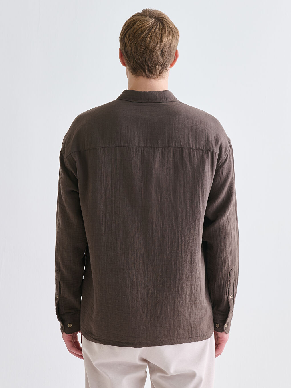 Kahverengi Rahat Kalıp Uzun Kollu Erkek Gömlek-3