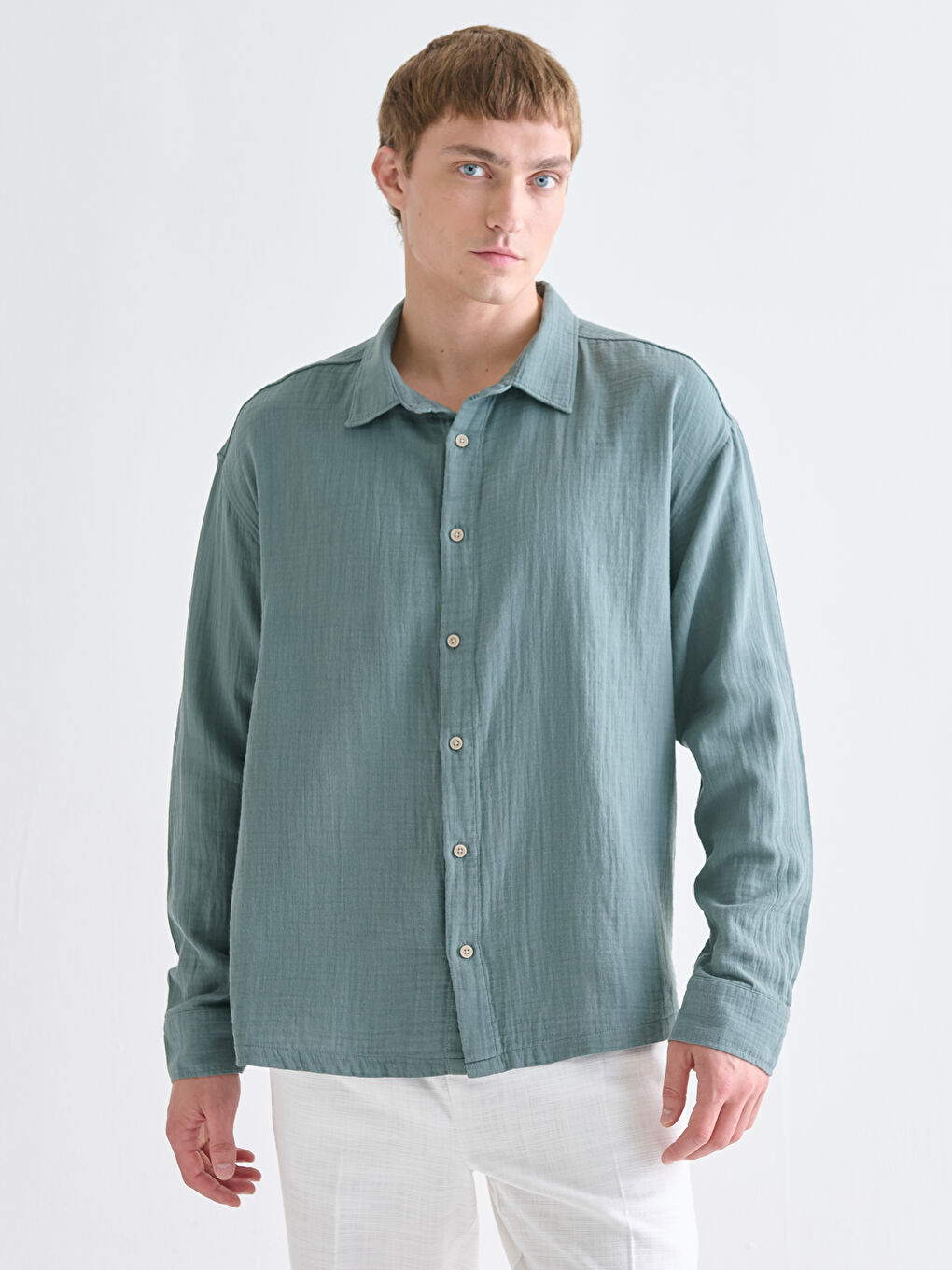 Petrol Rahat Kalıp Uzun Kollu Erkek Gömlek