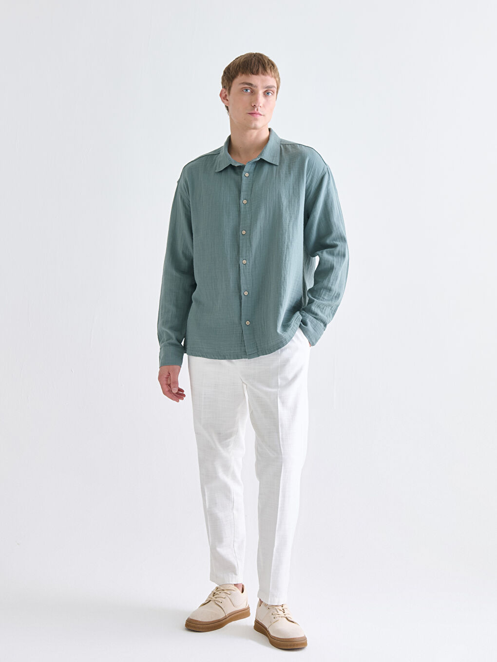 Petrol Rahat Kalıp Uzun Kollu Erkek Gömlek-1