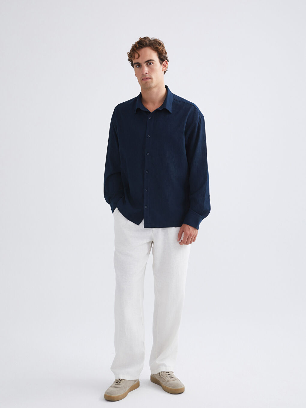 Lacivert Regular Fit Uzun Kollu Erkek Gömlek-1