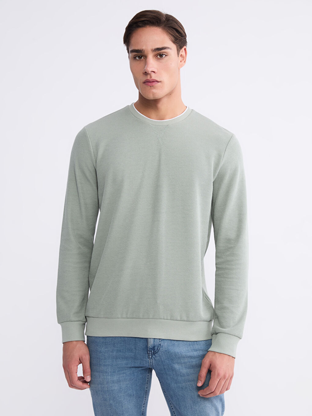 Yeşil Bisiklet Yaka Uzun Kollu Erkek Sweatshirt