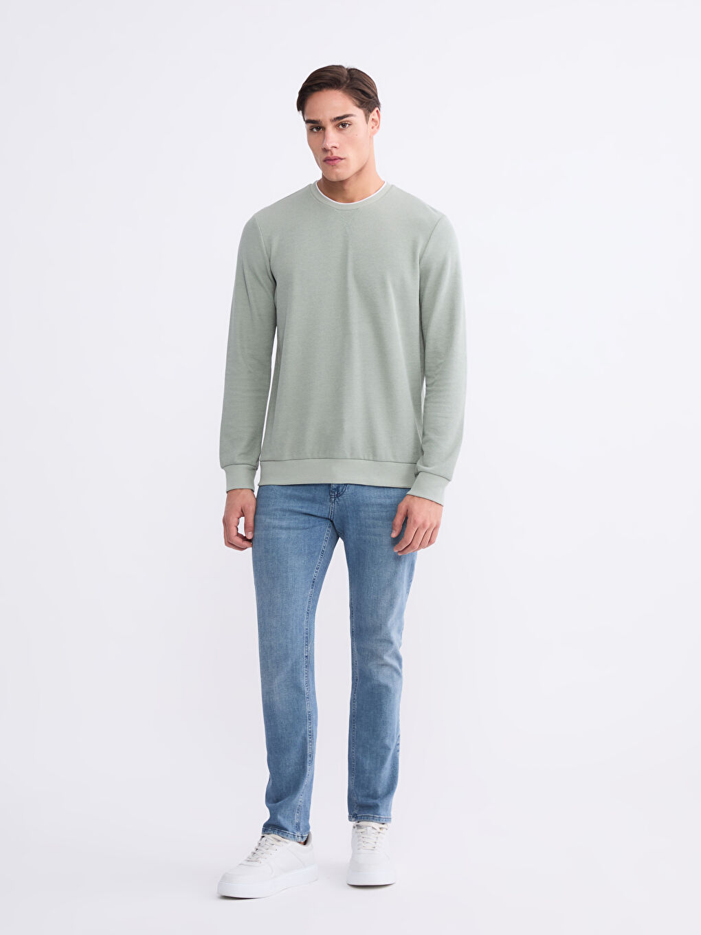 Yeşil Bisiklet Yaka Uzun Kollu Erkek Sweatshirt-1