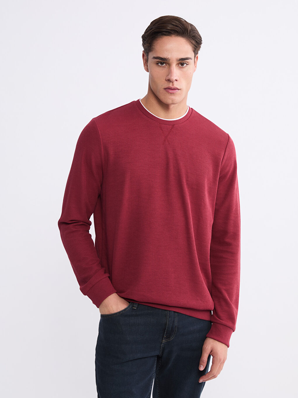 Bordo Bisiklet Yaka Uzun Kollu Erkek Sweatshirt