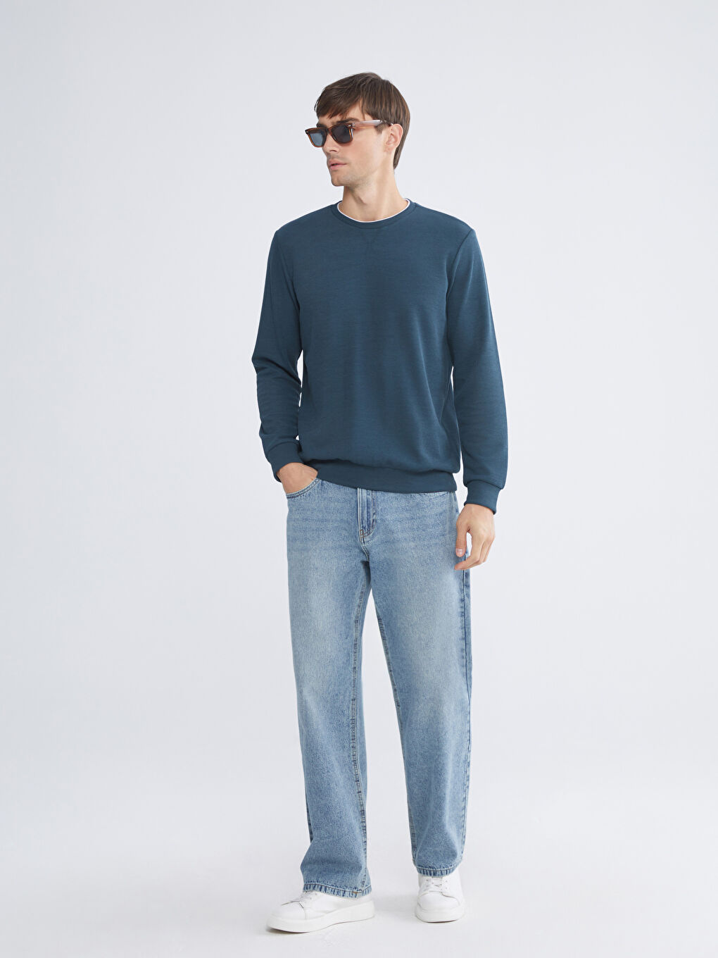 Petrol Bisiklet Yaka Uzun Kollu Erkek Sweatshirt-1