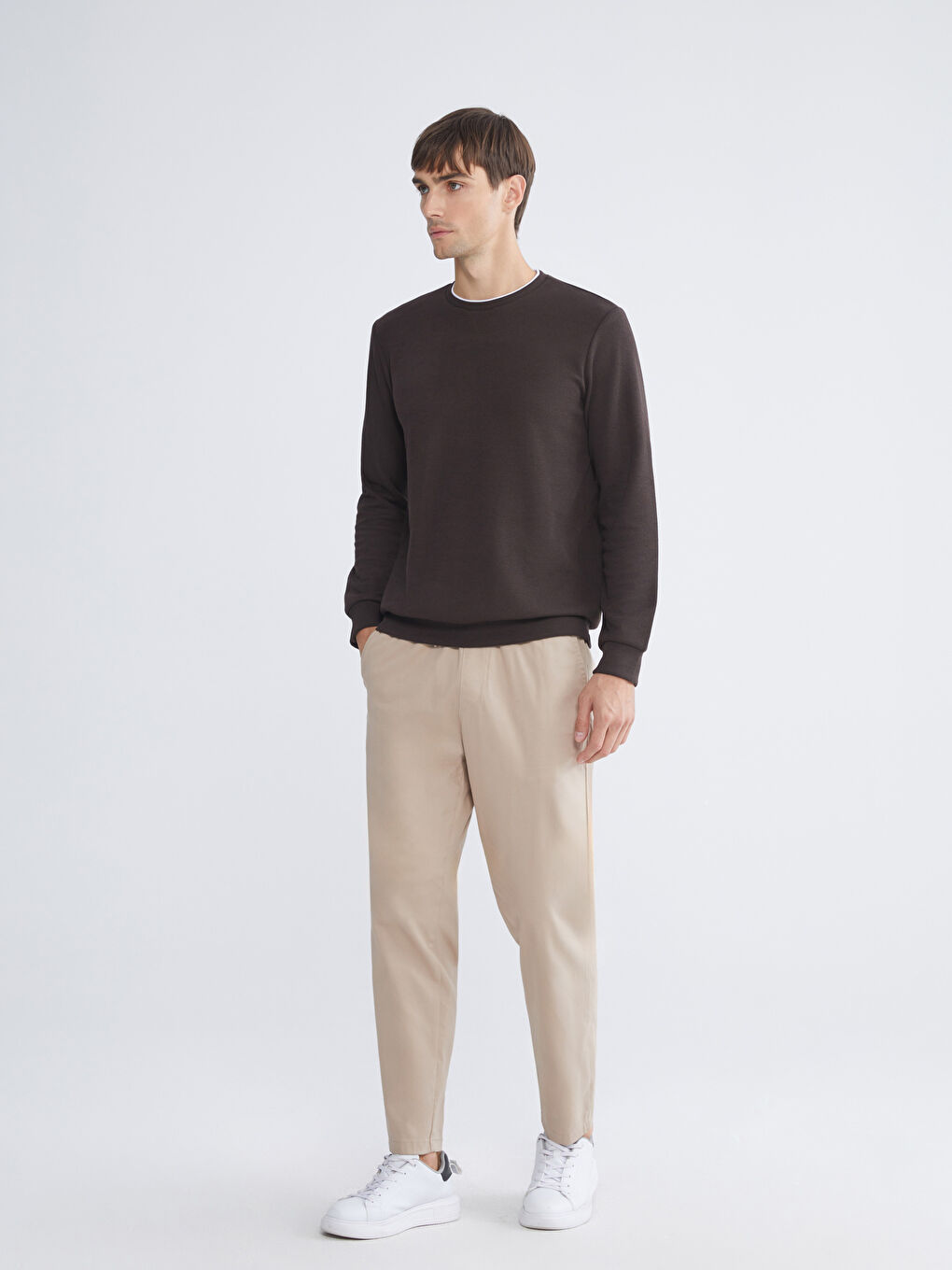 Kahverengi Bisiklet Yaka Uzun Kollu Erkek Sweatshirt-1