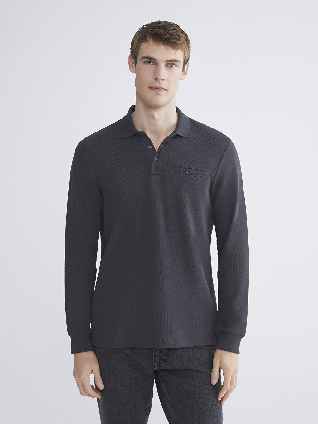 Antrasit Polo Yaka Uzun Kollu Erkek Sweatshirt