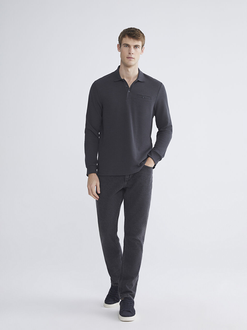 Antrasit Polo Yaka Uzun Kollu Erkek Sweatshirt-1