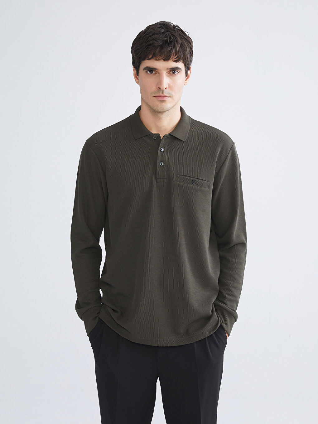 Haki Polo Yaka Uzun Kollu Erkek Sweatshirt