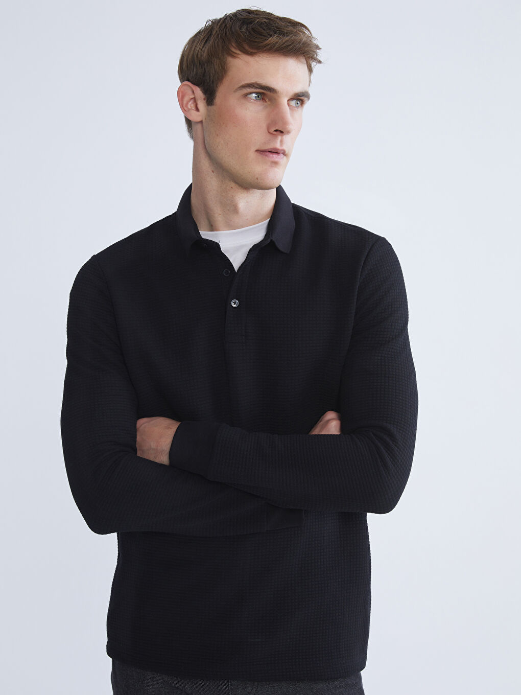 Siyah Polo Yaka Erkek Sweatshirt