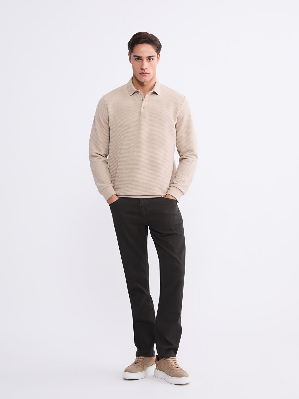 Bej Polo Yaka Erkek Sweatshirt-1