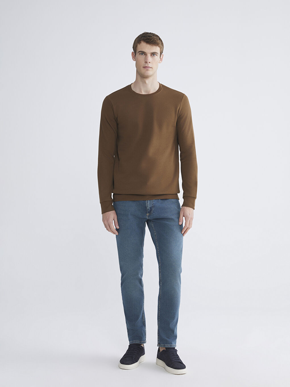 Kahverengi Bisiklet Yaka Erkek Kalın Sweatshirt-1