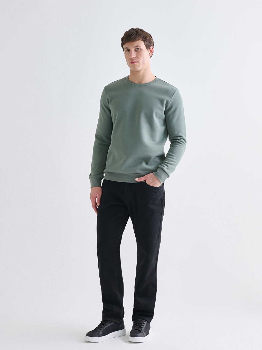 Yeşil Bisiklet Yaka Erkek Kalın Sweatshirt-1