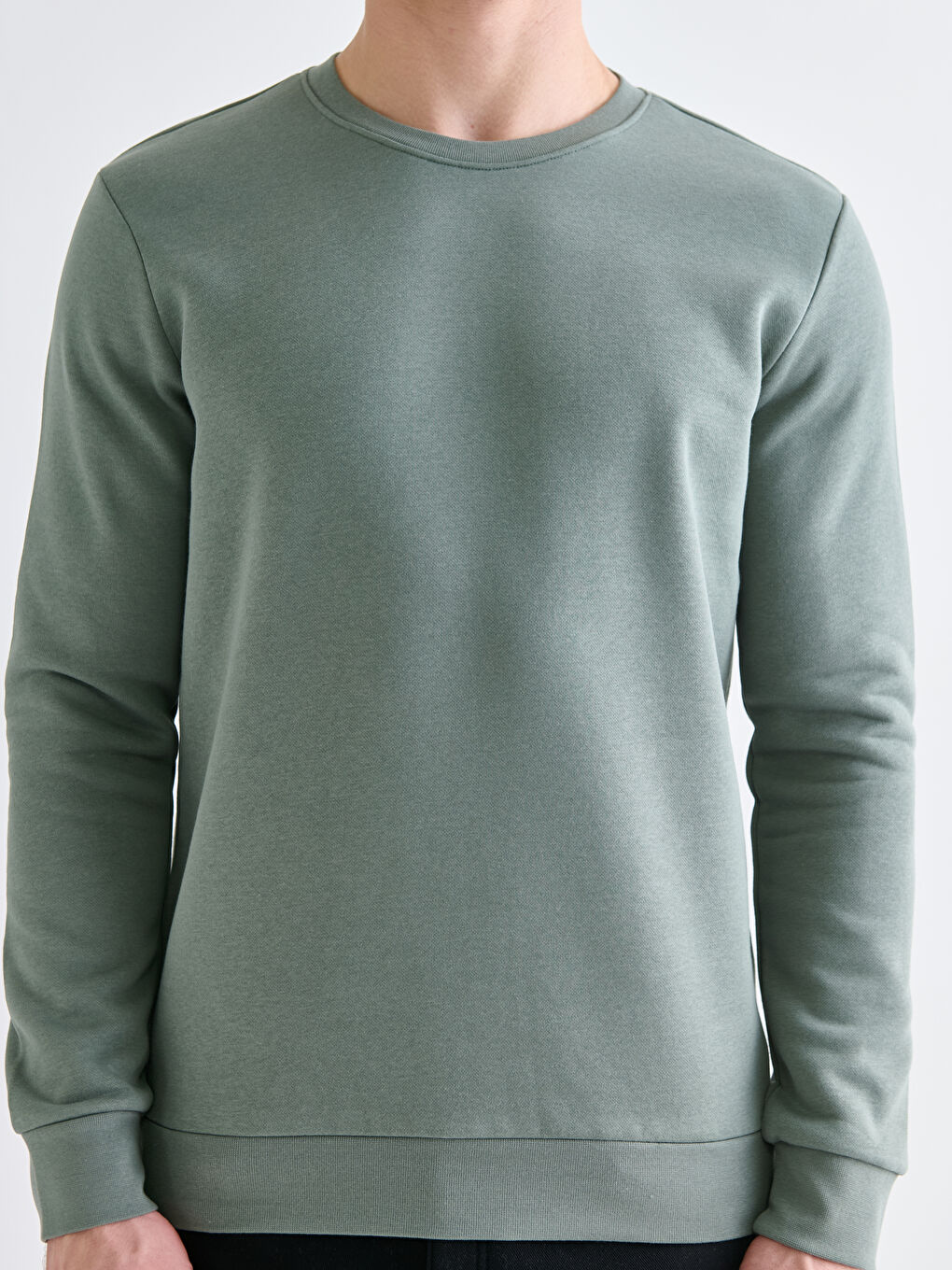 Yeşil Bisiklet Yaka Erkek Kalın Sweatshirt-2