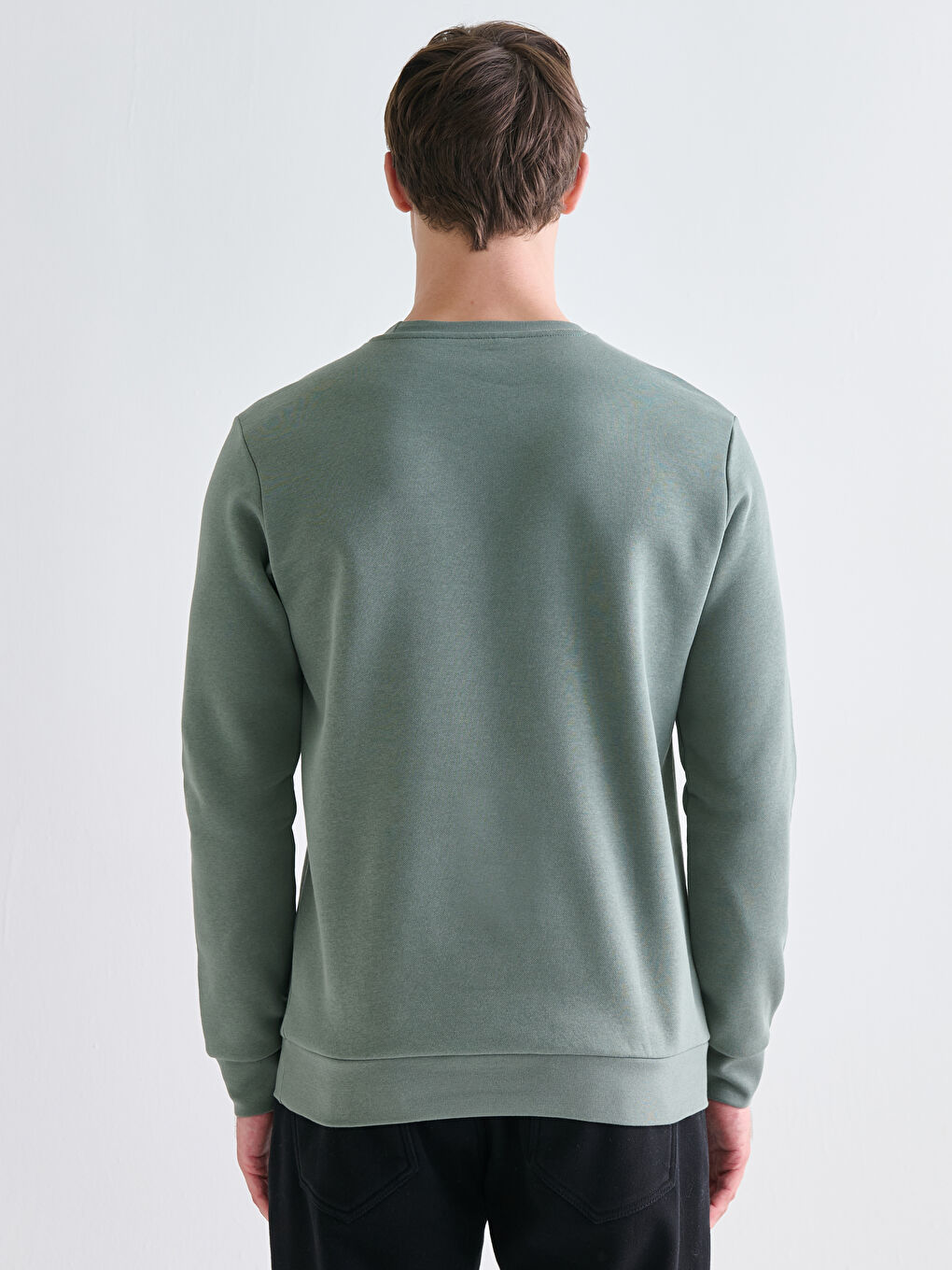 Yeşil Bisiklet Yaka Erkek Kalın Sweatshirt-3