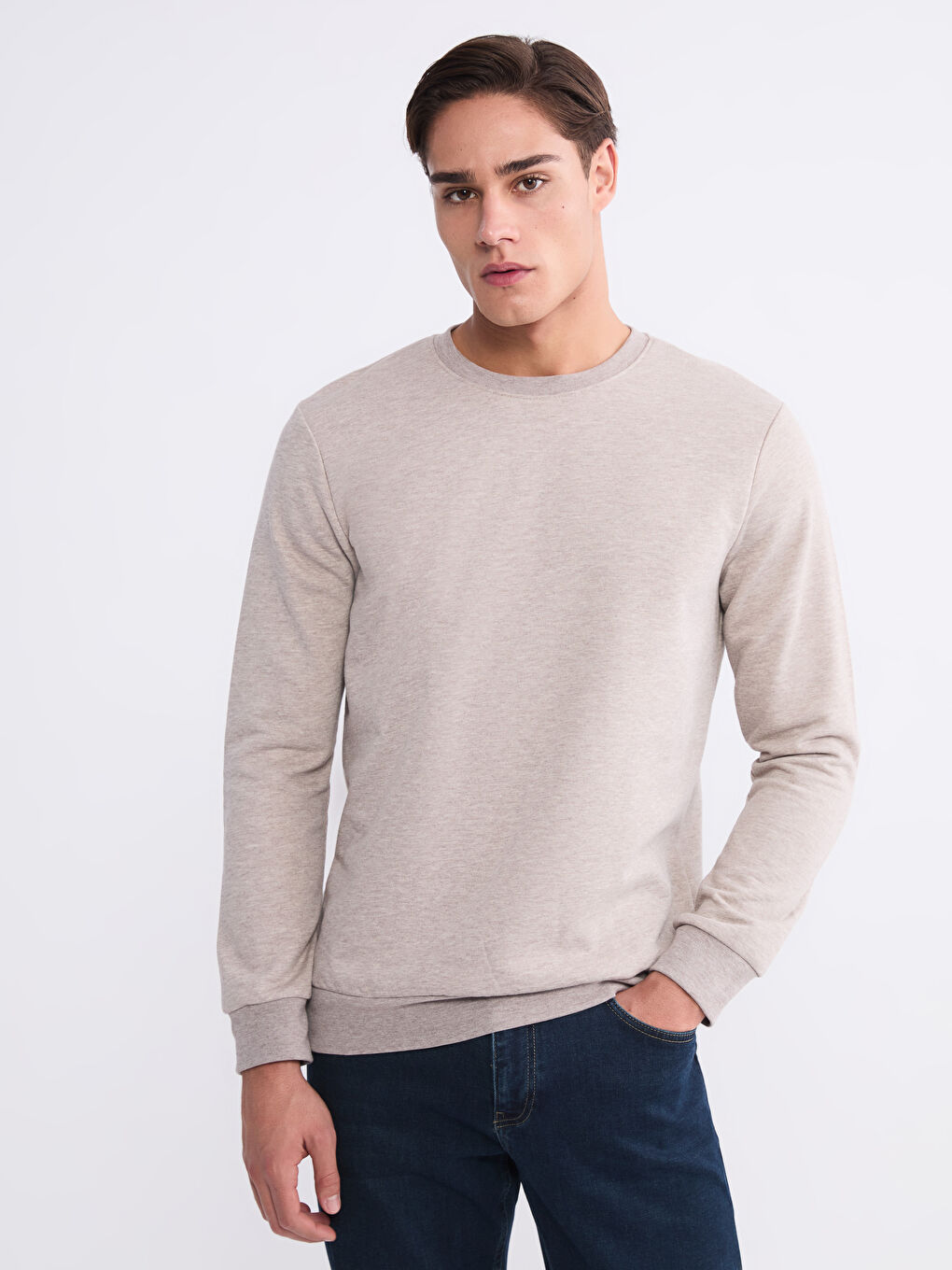 Bej Bisiklet Yaka Erkek Kalın Sweatshirt