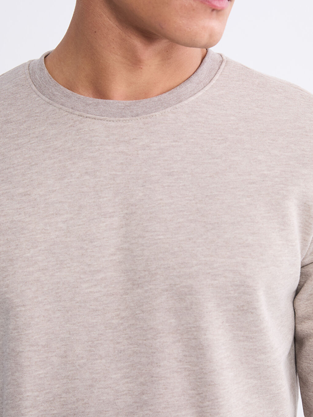 Bej Bisiklet Yaka Erkek Kalın Sweatshirt-2