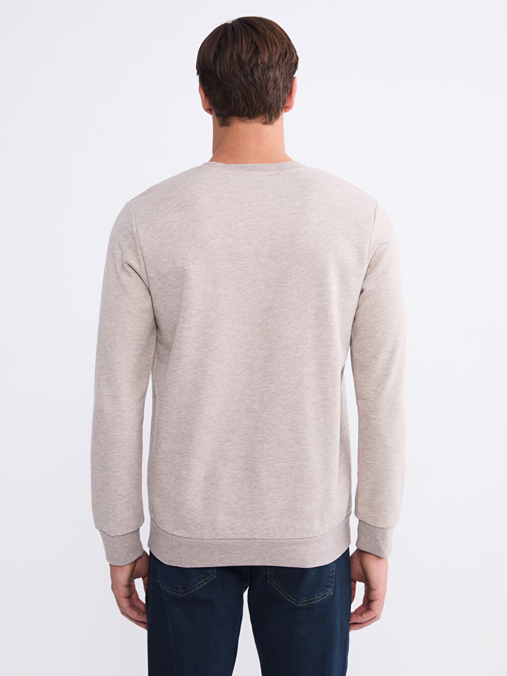 Bej Bisiklet Yaka Erkek Kalın Sweatshirt-3