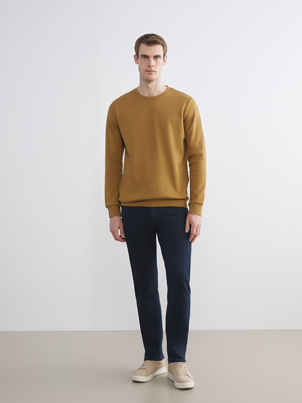 Kahverengi Bisiklet Yaka Erkek Kalın Sweatshirt-1