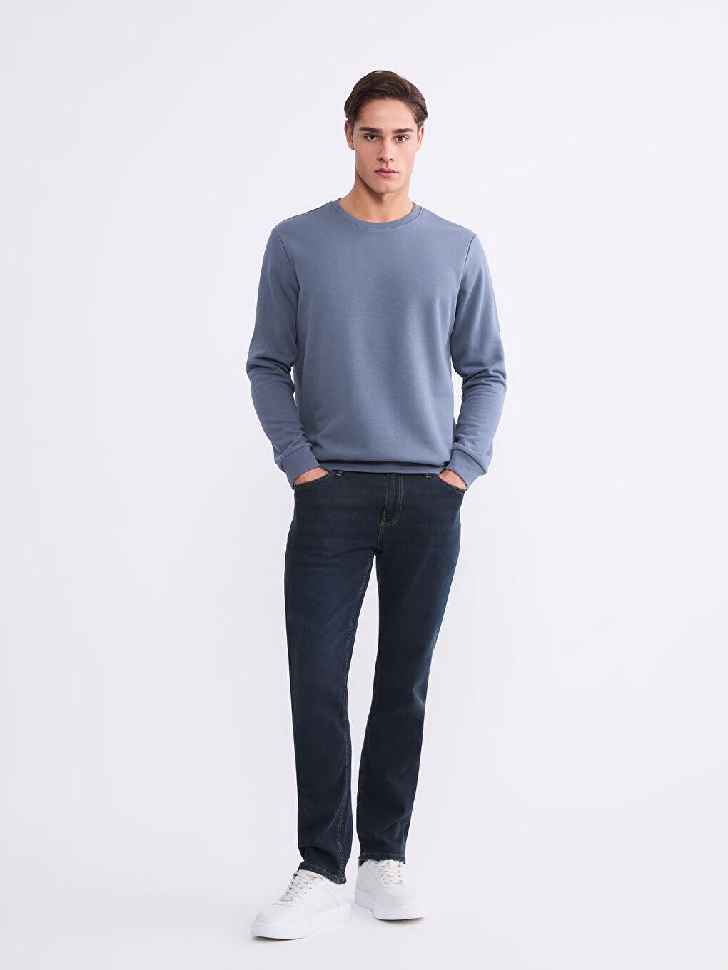 İndigo Bisiklet Yaka Erkek Kalın Sweatshirt-1