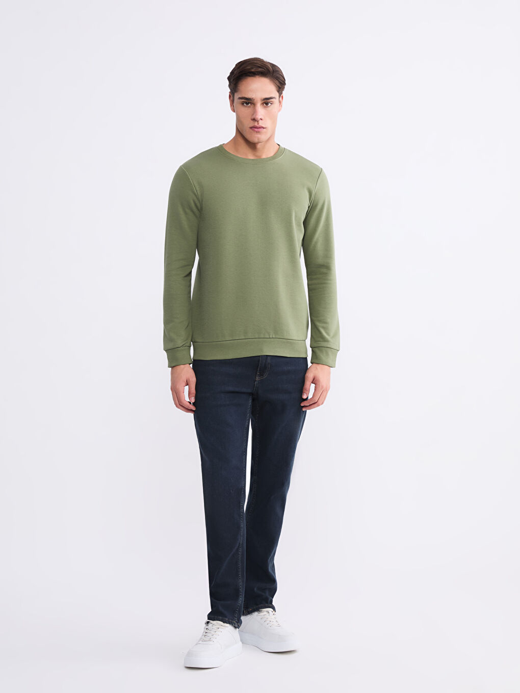 Haki Bisiklet Yaka Erkek Kalın Sweatshirt-1