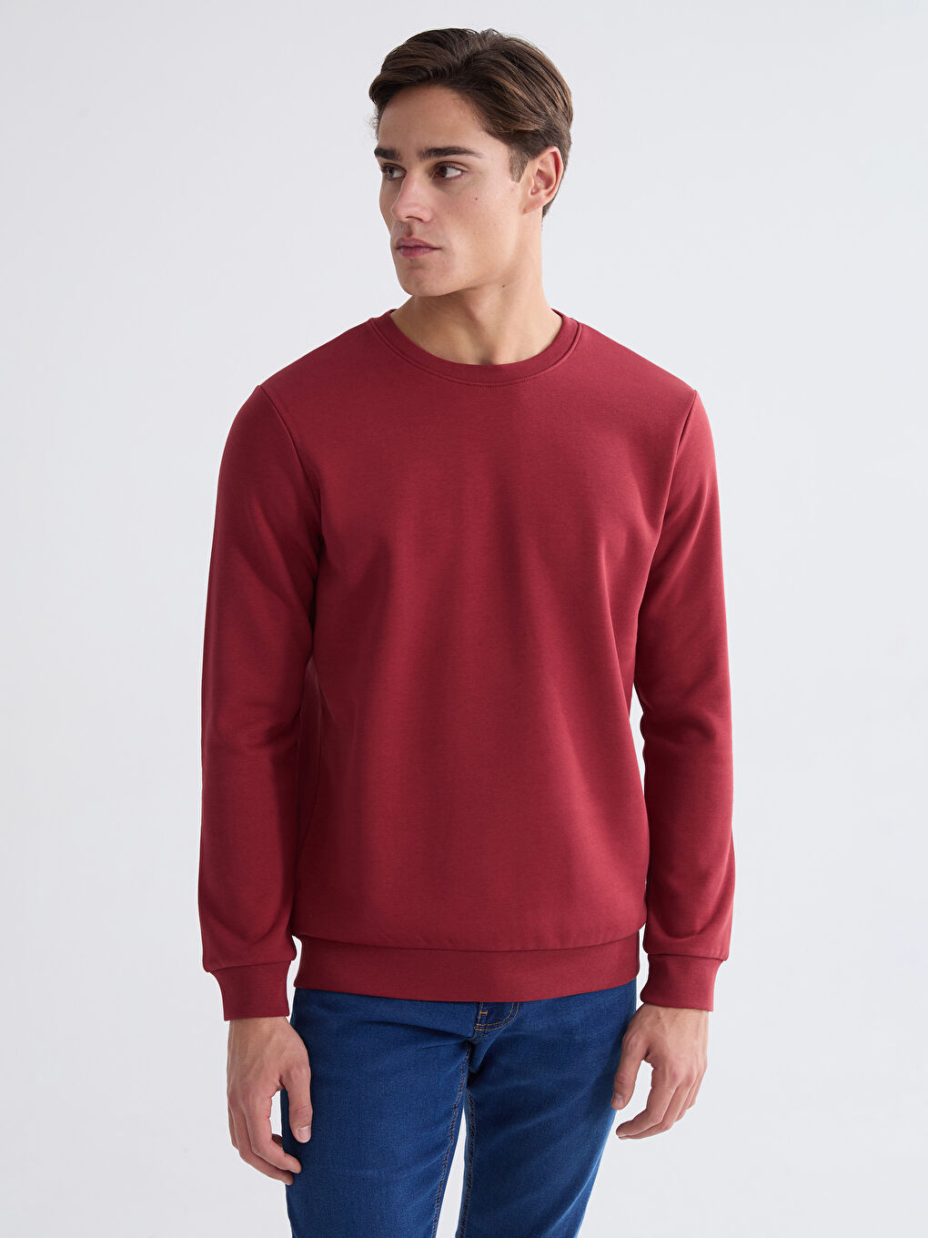 Bordo Bisiklet Yaka Erkek Kalın Sweatshirt