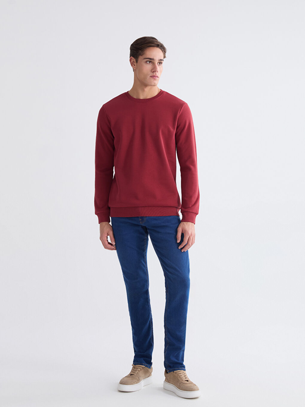 Bordo Bisiklet Yaka Erkek Kalın Sweatshirt-1