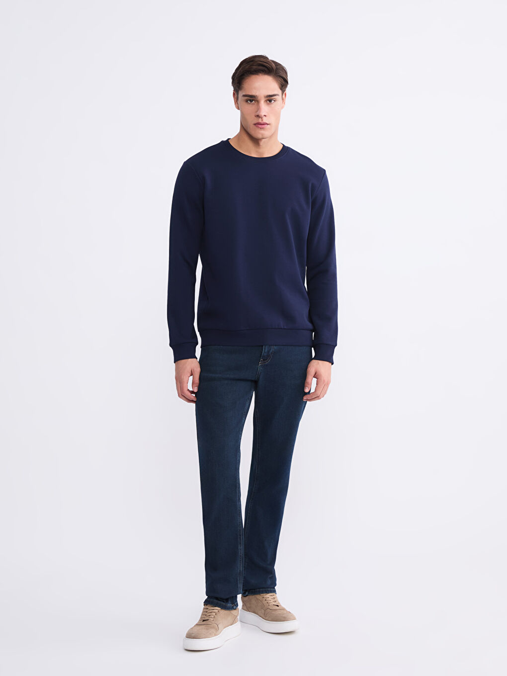 Lacivert Bisiklet Yaka Erkek Kalın Sweatshirt-1