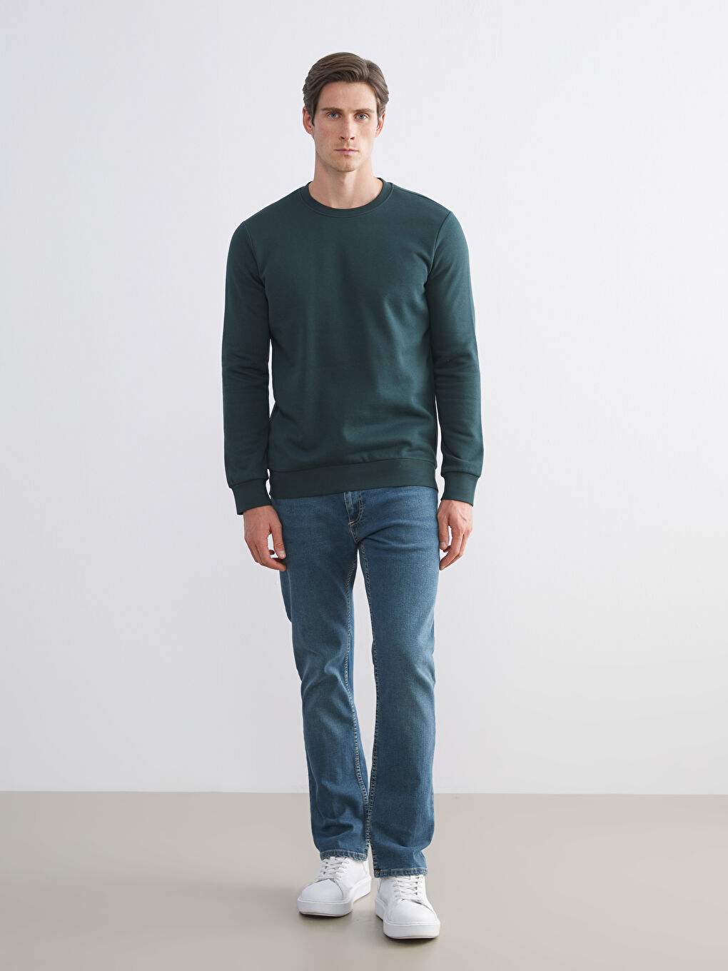 Yeşil Bisiklet Yaka Erkek Kalın Sweatshirt-1