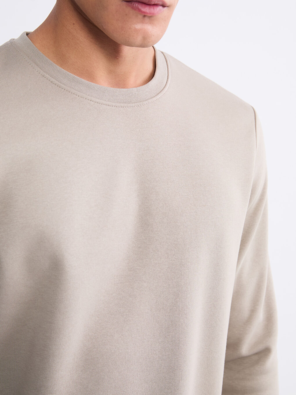 Bej Bisiklet Yaka Erkek Kalın Sweatshirt-2