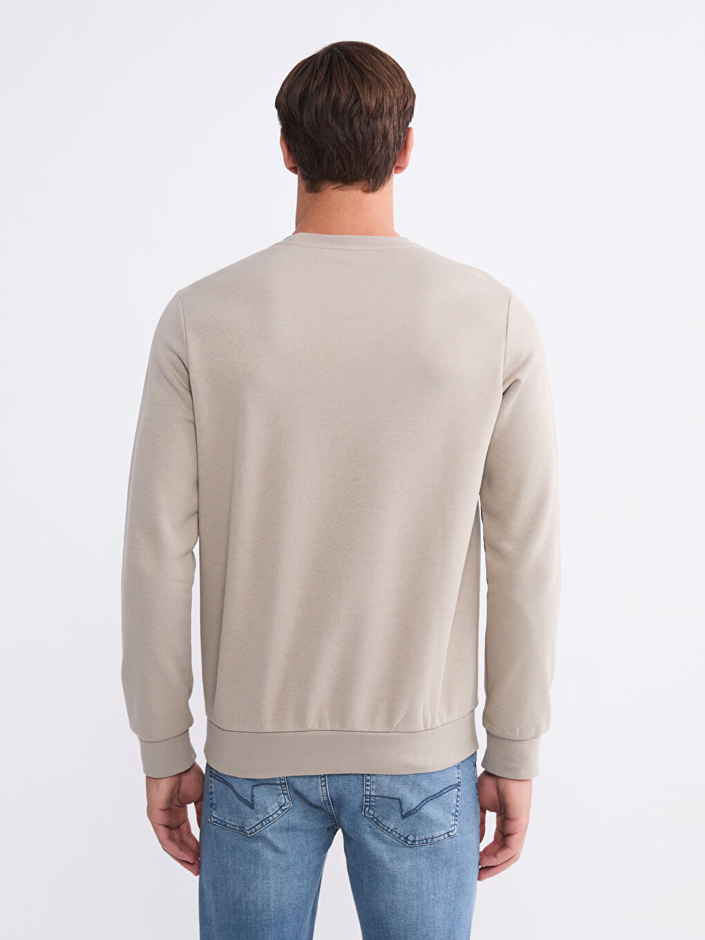 Bej Bisiklet Yaka Erkek Kalın Sweatshirt-3