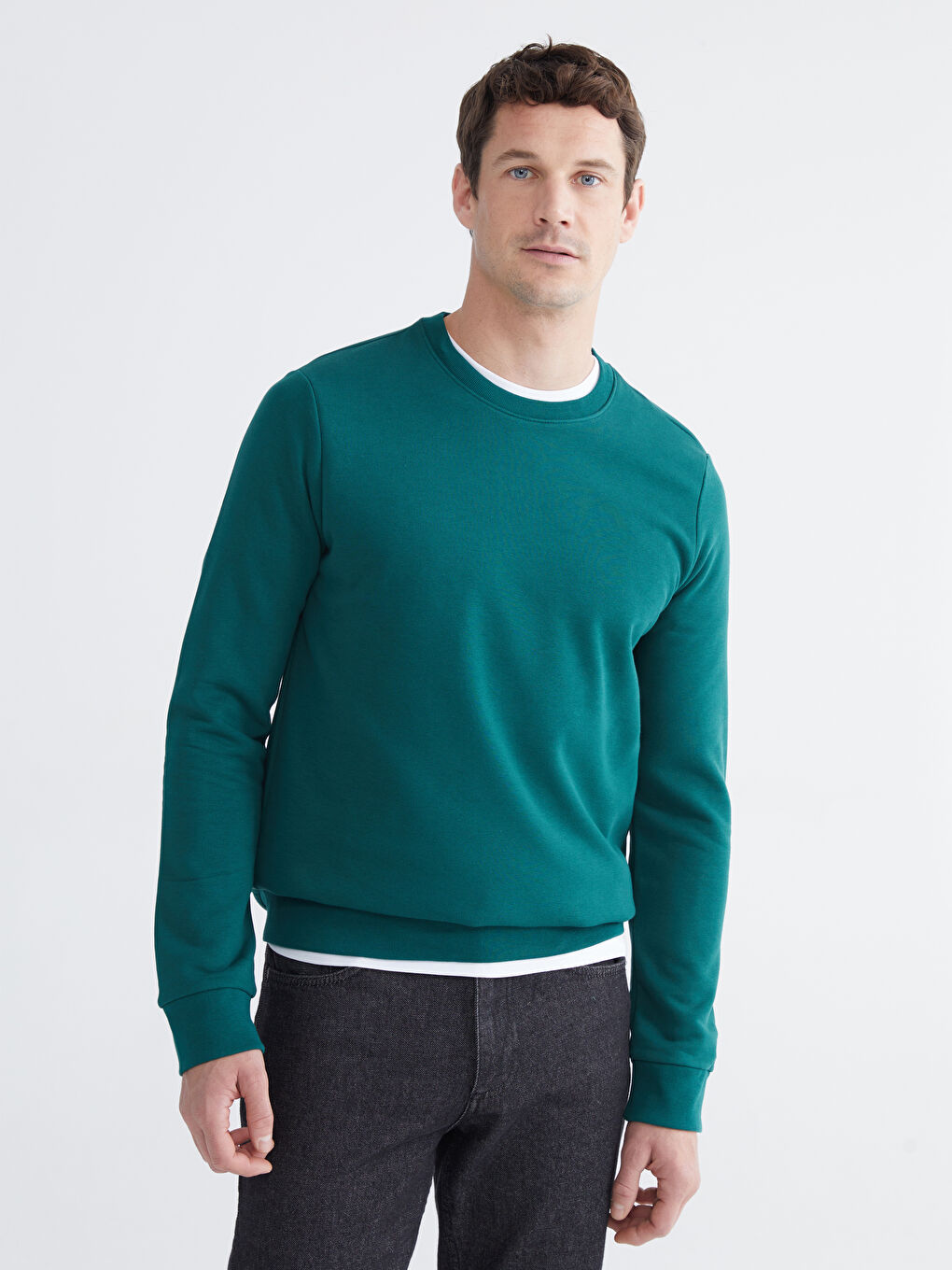 Yeşil Bisiklet Yaka Erkek Kalın Sweatshirt