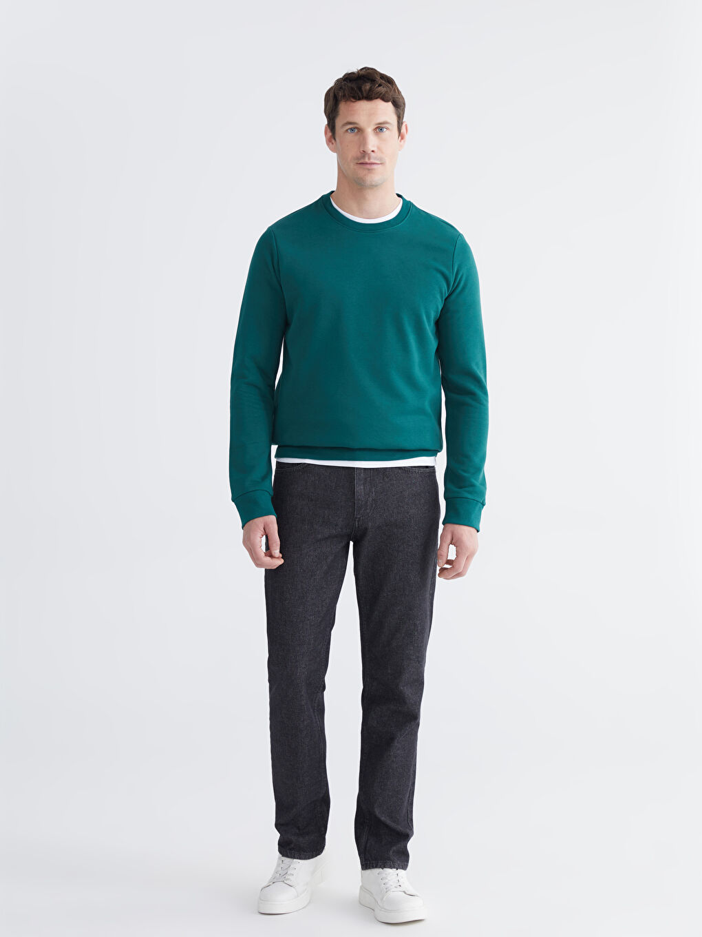 Yeşil Bisiklet Yaka Erkek Kalın Sweatshirt-1