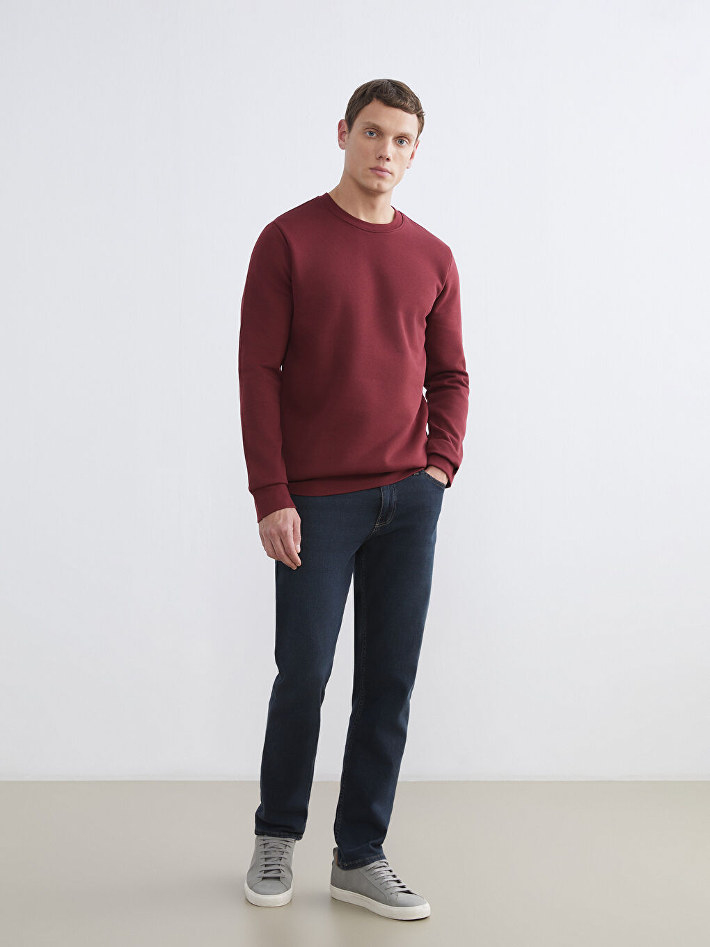 Bordo Bisiklet Yaka Erkek Kalın Sweatshirt-1