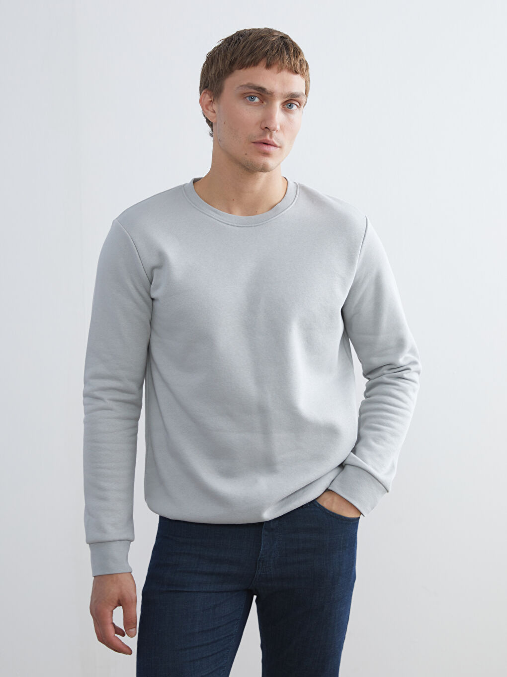 Gri Bisiklet Yaka Erkek Kalın Sweatshirt