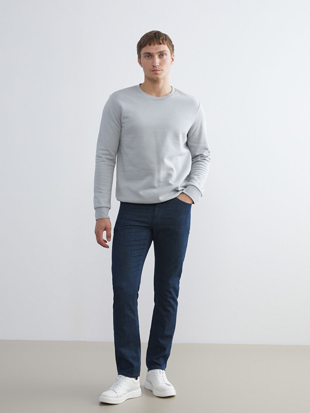 Gri Bisiklet Yaka Erkek Kalın Sweatshirt-1