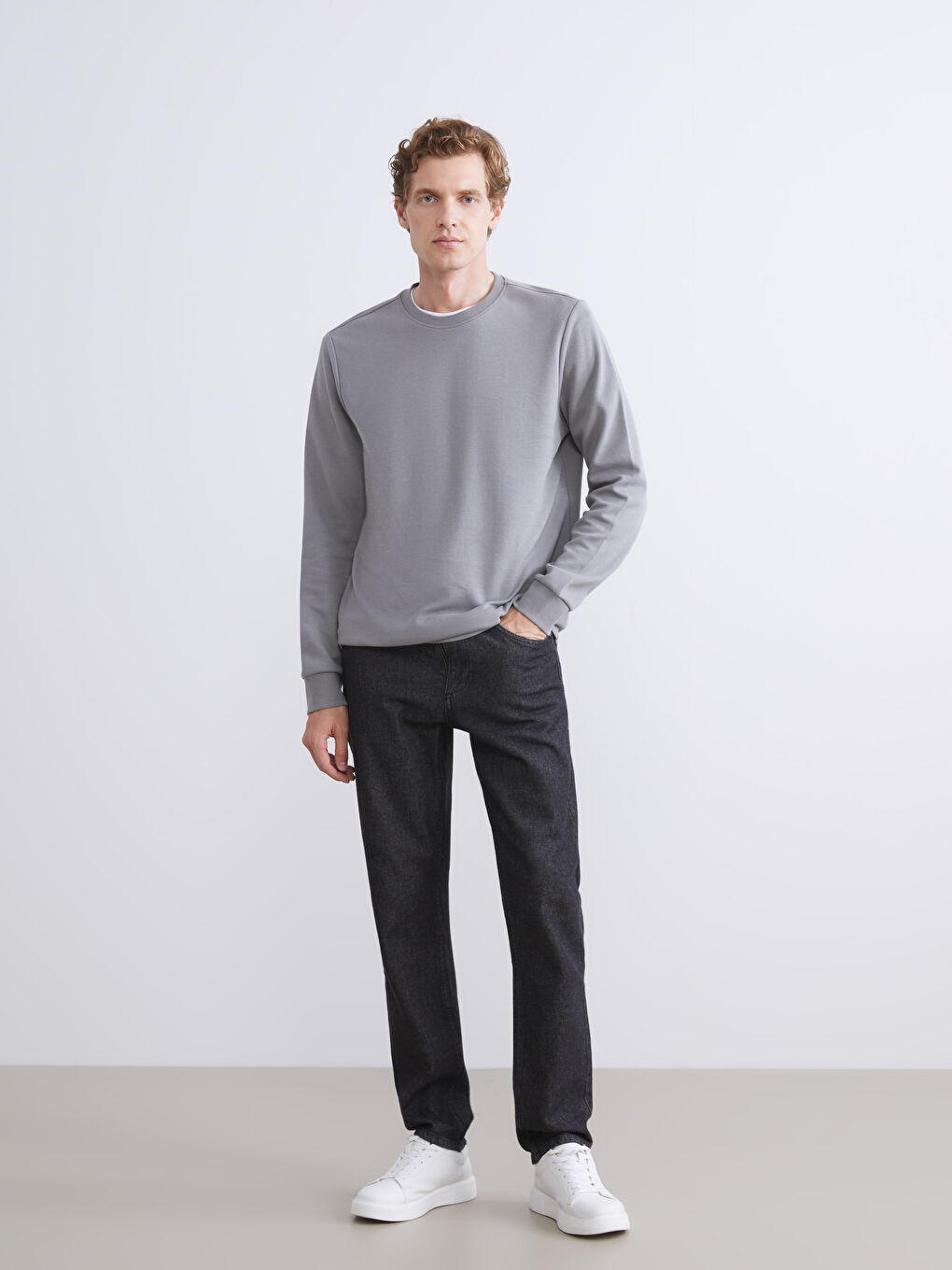 Gri Bisiklet Yaka Erkek Sweatshirt-1