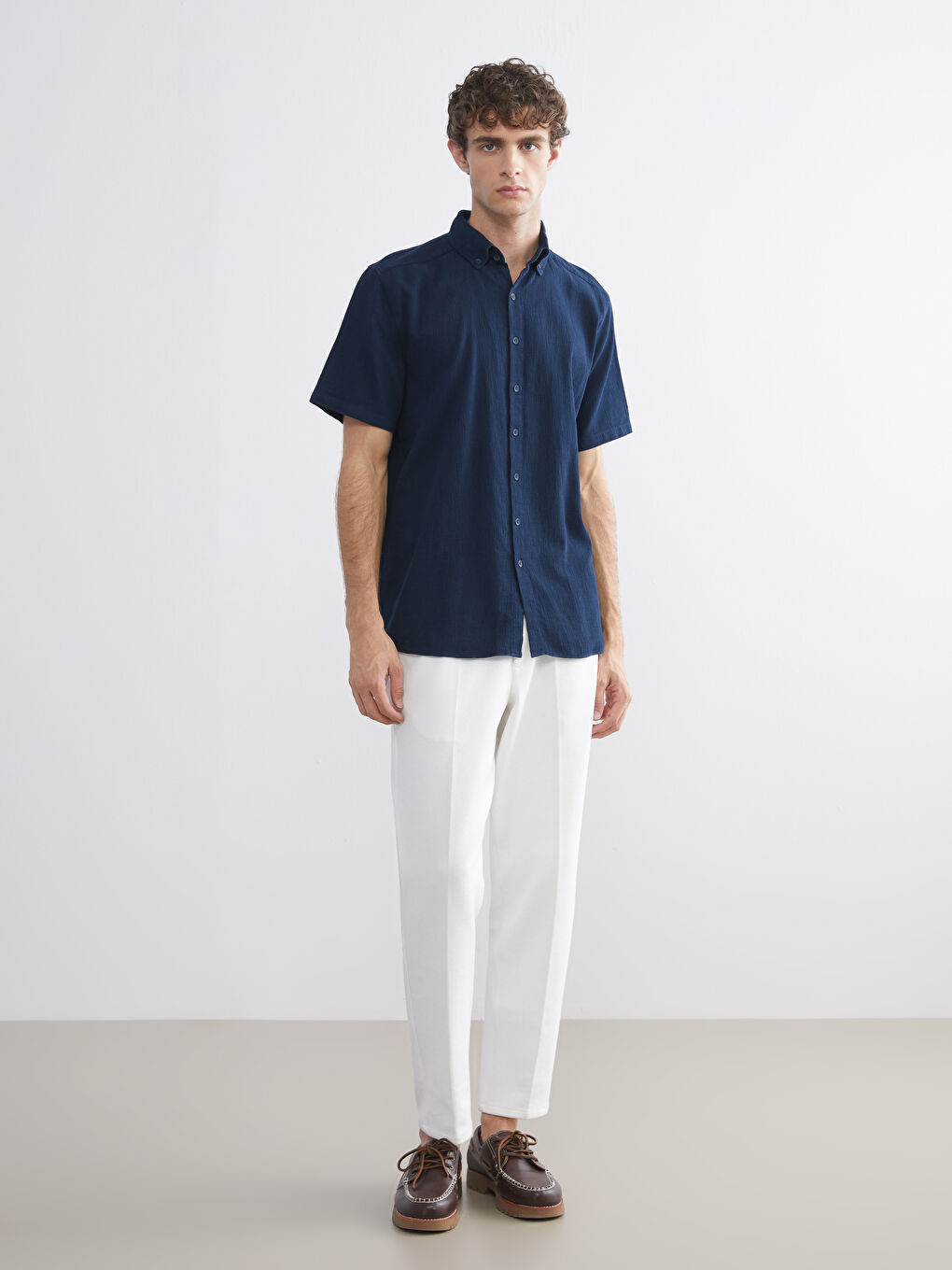 Lacivert Regular Fit Kısa Kollu Armürlü Erkek Gömlek-1