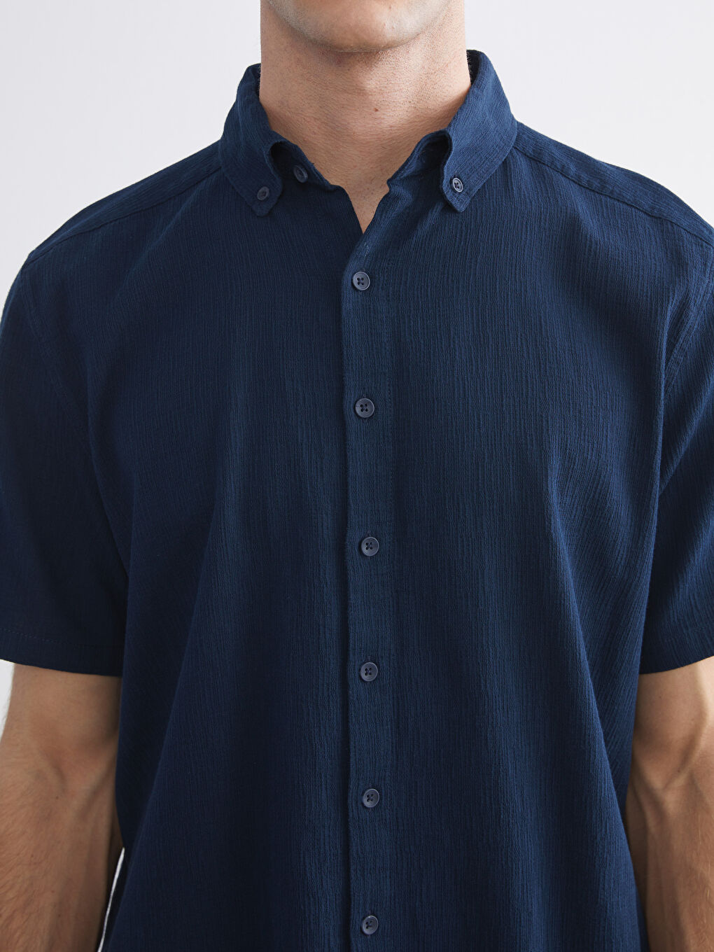 Lacivert Regular Fit Kısa Kollu Armürlü Erkek Gömlek-2